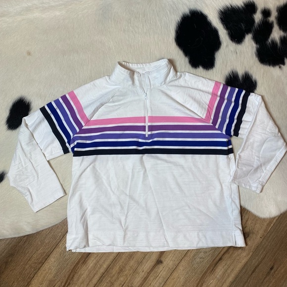 Talbots Cozy Crush White Striped Sweatshirt, quarter-zip pullover - Picture 2 of 10